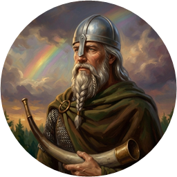 Heimdall with his horn, the rainbow bridge behind him