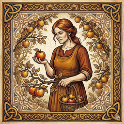 Idunn holding a golden apple in her orchard